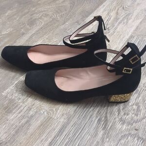 Kate Spade Black Heels with Glittering Gold Block Heel